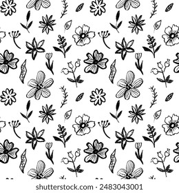 Trendy floral seamless pattern for fabric design. Flowers in Japanese style black and white texture. Summer vector illustration. Abstract grunge texture. Hand drawn brush pattern.

