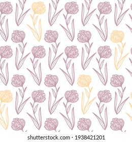 Trendfarbenes, nahtloses Muster. Handgezeichnete Konturen von fantastischen Pflanzen und Blumen in Magenta und Gelb. Vektorgrafiken von Pflaumen, Tulpen