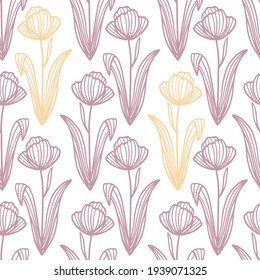 Trendy floral seamless pattern. Hand drawn contour lines of fantastic plants and flowers in magenta and yellow. Vector illustrations of poppies, tulips