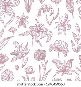 Trendy floral seamless pattern. Hand drawn contour lines of fantastic plants and flowers in magenta. Vector illustrations of lilies, orchids, poppies and tulips