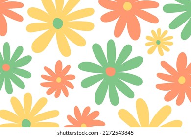 Trendy floral seamless pattern. Hand drawn 70s style floral background illustration in pastel colors.