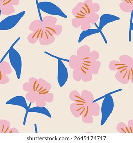Trendy floral seamless pattern. Hand drawn lovely background with charming flowers in flat style. Colorful flat vector illustration for wallpaper, textile. Botanical background with charming flowers