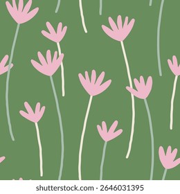 Trendy floral seamless pattern. Hand drawn lovely background with charming flowers in flat style. Colorful flat vector illustration for wallpaper, textile. Botanical background with charming flowers