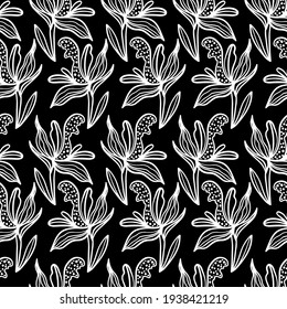 Trendy floral seamless pattern. Hand-drawn contour white lines of fantastic flowers on a black background. Vector sketch illustration of tropical plants.