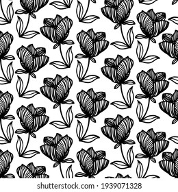 Trendfarbenes, nahtloses Muster. Handgezeichnete Konturen, schwarze Linien mit fantastischen Blumen auf weißem Hintergrund. Vektorgrafik einer stylisierten Mohn oder Tulpe