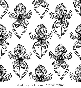 Trendy floral seamless pattern. Hand-drawn contour black lines of fantastic flowers on a white background. Vector sketch illustration of a stylized orchid