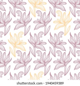 Trendy floral seamless pattern. Hand-drawn contour lines of fantastic flowers in magenta and yellow. Vector sketch illustration of tropical plants.