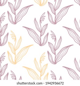 Trendy floral seamless pattern. Hand-drawn contour lines of fantastic flowers in magenta and yellow. Vector sketch illustration of tropical plants.