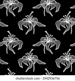 Patrón floral de moda sin costuras. Contorno dibujado a mano líneas blancas de flores fantásticas sobre un fondo negro. Dibujo vectorial de un lirio o tulipán estilizado