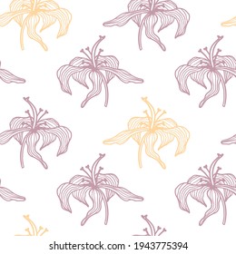Trendy floral seamless pattern. Hand-drawn contour pink and yellow lines of fantastic flowers on a white background. Vector sketch illustration of a stylized lily or tulip
