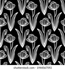 Trendy floral seamless pattern. Hand-drawn contour white lines of fantastic flowers on a black background. Vector sketch illustration of a stylized poppy or tulip