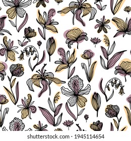 Patrón floral de moda sin costuras. Líneas de contorno dibujadas a mano de plantas y flores fantásticas con sustratos abstractos de colores pastel amarillo y violeta. Lilies, orquídeas, amapolas y tulipanes. Vector