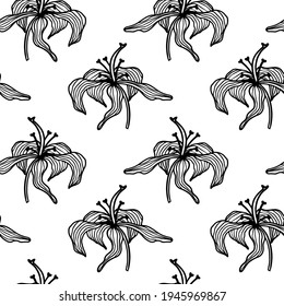 Trendy floral seamless pattern. Hand-drawn contour black lines of fantastic flowers on a white background. Vector sketch illustration of a stylized lily or tulip