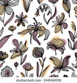 Patrón floral de moda sin costuras. Líneas de contorno dibujadas a mano de plantas y flores fantásticas con sustratos abstractos de colores pastel amarillo y violeta. Lilies, orquídeas, amapolas y tulipanes. Vector