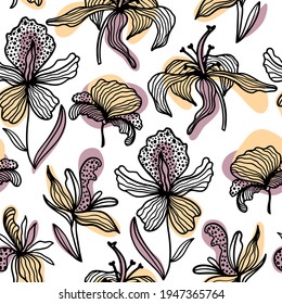 Patrón floral de moda sin costuras. Líneas de contorno dibujadas a mano de plantas y flores fantásticas con sustratos abstractos de colores pastel amarillo y violeta. Lilies, orquídeas, amapolas y tulipanes. Vector.