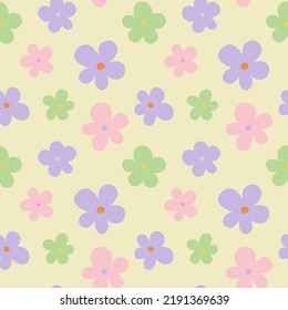 Trendy floral seamless pattern illustration. Vintage 70s style hippie flower background design. Colorful pastel color groovy artwork, y2k nature backdrop with daisy flowers.