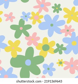 Trendy floral seamless pattern illustration. Vintage 70s style hippie flower background design. Colorful pastel color groovy artwork, y2k nature backdrop with daisy flowers.