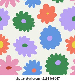 Ilustración de diseño floral sin fisuras. Diseño de fondo de flores hippie estilo años 70. Coloridas obras de arte en tonos pastel, fondo natural y2k con flores de margarita.
