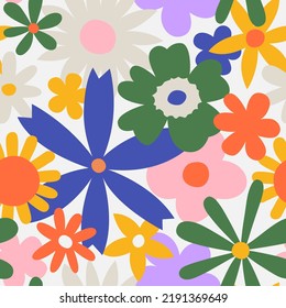 Trendy floral seamless pattern illustration. Vintage 70s style hippie flower background design. Colorful pastel color artwork, y2k nature backdrop with spring flowers.