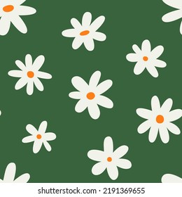 Trendy floral seamless pattern illustration. Vintage 70s style hippie flower background design. Y2k nature backdrop with daisy flowers.