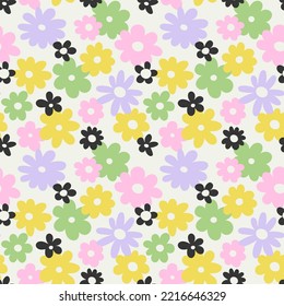 Trendy floral seamless pattern illustration. Vintage 70s style hippie flower background design. Colorful pastel color groovy artwork, y2k nature backdrop with daisy flowers.