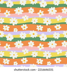 Trendy floral seamless pattern illustration. Vintage 70s style hippie flower background design. Colorful pastel color groovy artwork, y2k nature backdrop with daisy flowers.