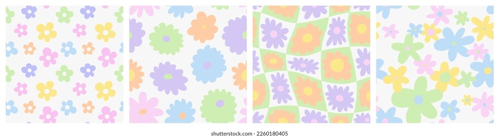 Trendy floral seamless pattern illustration set. Vintage style hippie flower background design collection. Colorful pastel color groovy artwork, y2k nature backdrop with daisy flowers.