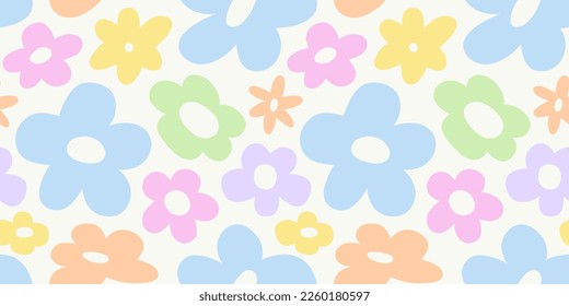 Trendy floral seamless pattern illustration. Vintage 70s style hippie flower background design. Colorful pastel color groovy artwork, y2k nature backdrop with daisy flowers.