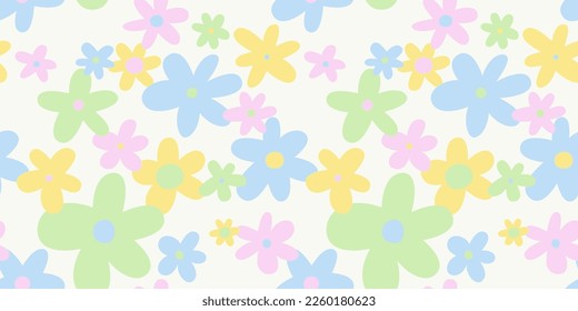 Trendy floral seamless pattern illustration. Vintage 70s style hippie flower background design. Colorful pastel color groovy artwork, y2k nature backdrop with daisy flowers.