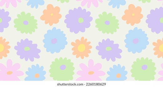 Trendy floral seamless pattern illustration. Vintage 70s style hippie flower background design. Colorful pastel color groovy artwork, y2k nature backdrop with daisy flowers.