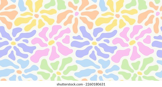 Ilustración de diseño floral sin fisuras. Diseño de fondo de flores hippie estilo años 70. Coloridas obras de arte en tonos pastel, fondo natural y2k con flores de margarita.