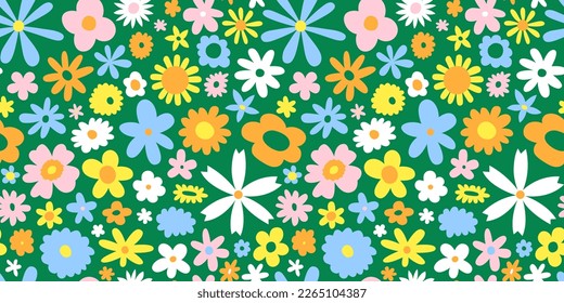 Trendy floral seamless pattern illustration. Vintage 70s style hippie flower background design. Colorful pastel color artwork, y2k nature backdrop with spring flowers.