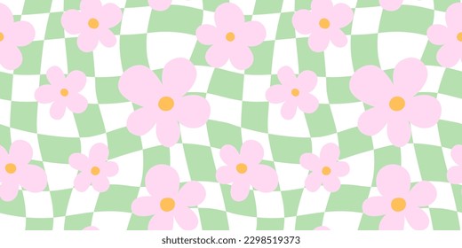 Trendy floral seamless pattern illustration. Vintage 70s style hippie flower background design. Geometric pastel color checkered artwork, y2k nature backdrop with daisy flowers.