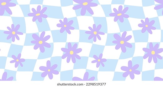 Trendy floral seamless pattern illustration. Vintage 70s style hippie flower background design. Geometric pastel color checkered artwork, y2k nature backdrop with daisy flowers.