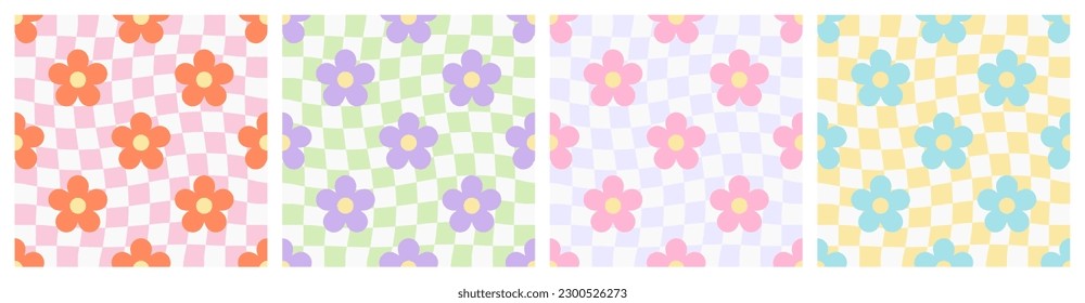 Trendy floral seamless pattern illustration set. Vintage 70s style hippie flower background collection. Geometric pastel color checkered artwork, y2k nature backdrop with daisy flowers.