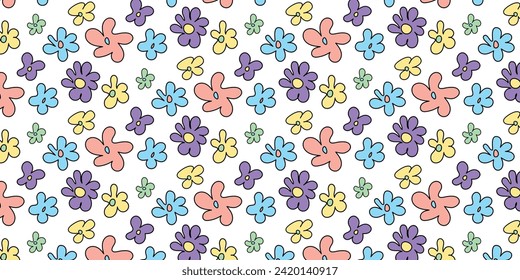 Trendy floral seamless pattern illustration. Vintage 70s style hippie flower background design. Colorful pastel color groovy artwork, y2k nature backdrop with daisy flowers.