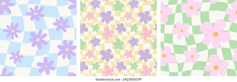 Trendy floral seamless pattern illustration set. Vintage 70s style hippie flower background collection. Geometric pastel color checkered artwork, y2k nature backdrop with daisy flowers.