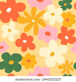 Trendy floral seamless pattern illustration. Vintage 70s style hippie flower background design. Colorful pastel color artwork, y2k nature backdrop with spring flowers.