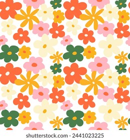 Trendy floral seamless pattern illustration. Vintage 70s style hippie flower background design. Colorful pastel color artwork, y2k nature backdrop with spring flowers.