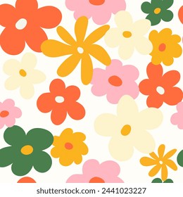 Trendy floral seamless pattern illustration. Vintage 70s style hippie flower background design. Colorful pastel color artwork, y2k nature backdrop with spring flowers.
