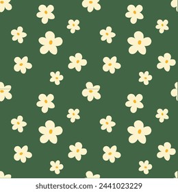 Trendy floral seamless pattern illustration. Vintage 70s style hippie flower background design. Colorful pastel color artwork, y2k nature backdrop with spring flowers.