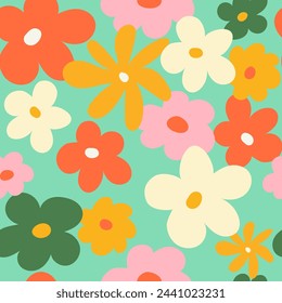 Trendy floral seamless pattern illustration. Vintage 70s style hippie flower background design. Colorful pastel color artwork, y2k nature backdrop with spring flowers.