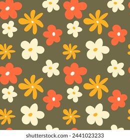 Trendy floral seamless pattern illustration. Vintage 70s style hippie flower background design. Colorful pastel color artwork, y2k nature backdrop with spring flowers.