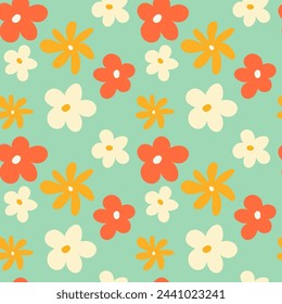 Trendy floral seamless pattern illustration. Vintage 70s style hippie flower background design. Colorful pastel color artwork, y2k nature backdrop with spring flowers.