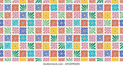 Ilustración floral de moda sin patrón. Fondo mínimo moderno. Estampado de Fondo de pantalla a cuadros coloridos con flores de margarita. Estilo Matisse. Diseño de la cubierta superficial. Estampado textil de tela.