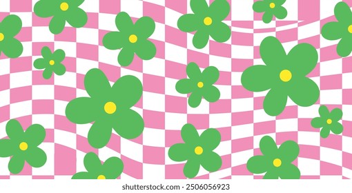 Trendy floral seamless pattern illustration. Vintage 70s style hippie flower background design. Geometric pastel color checkered artwork.
Vector Illustration