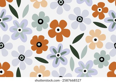 Trendy floral seamless pattern illustration. Vintage 70s style hippie floral background