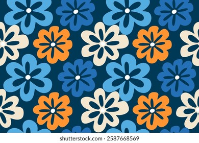 Trendy floral seamless pattern illustration. Vintage 70s style hippie floral background