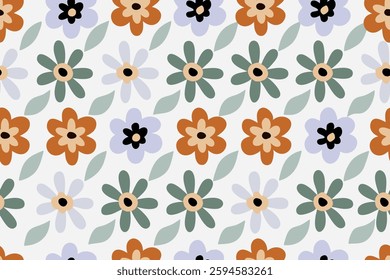 Trendy floral seamless pattern illustration. Vintage 70s style hippie floral background