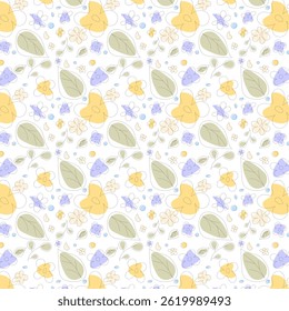 Trendy floral seamless pattern illustration. Vintage 70s style hippie flower background design. Colorful pastel color groovy artwork, y2k nature backdrop with daisy flowers.